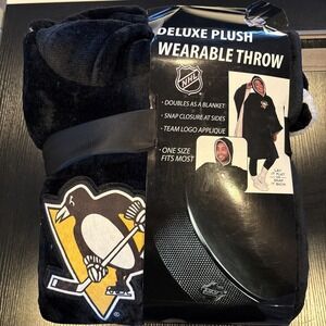 NHL Pittsburgh Penguins Hooded Deluxe Plush Wearable Throw Blanket Snuggie - NEW